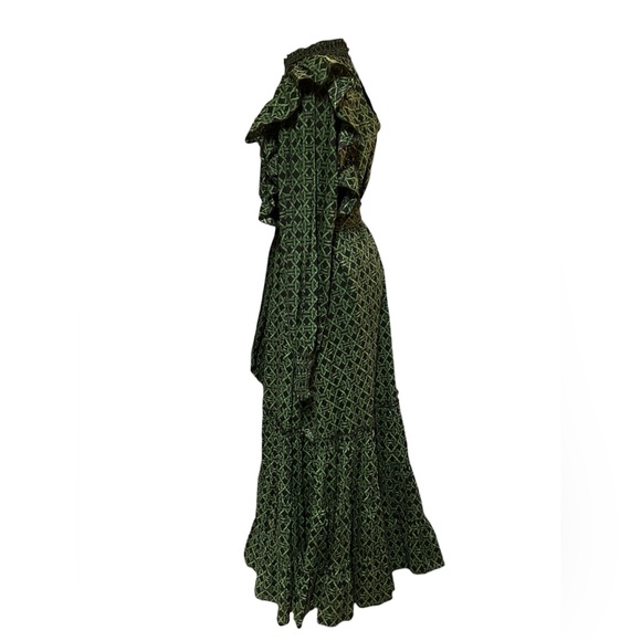 A Loves A Voile Lattice Print Cotton Long Sleeve Ruffle Maxi Dress SZ L Green - Picture 3 of 12